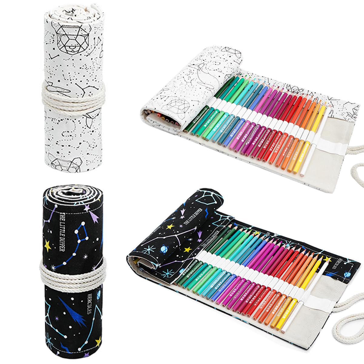 WWYSSZ 36 Holes Canvas Pencil Roll, Pack of 2 Rolling Pencil Case, Constellation Pattern, Washable, Lona Lapices