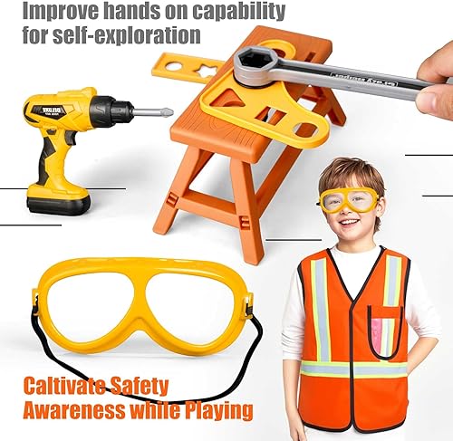 Vista 33 de Zealous - Banco de herramientas 3 en 1 para niños pequeños, 79 piezas, con caja de herramientas y taladro electrónico de juguete, juego