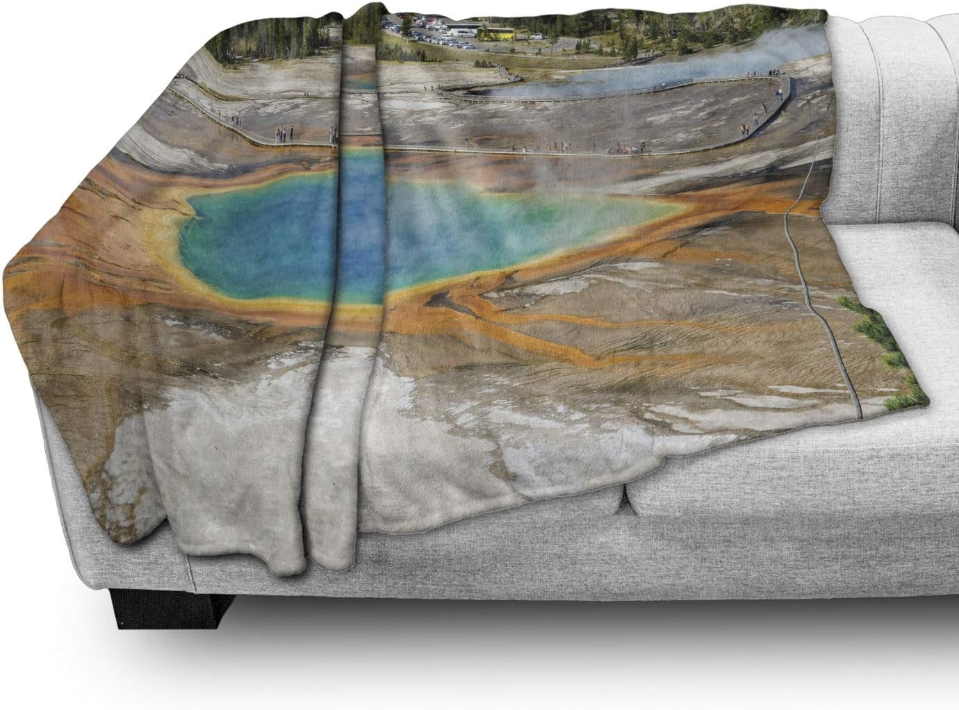 Lunarable Yellowstone Throw Blanket, Grand Prismatic Spring in Wyoming USA Geology Thermal Steam Geyser Photo, Flannel Fleece Accent Piece Soft Couch Cover for Adults, 70" x 90", Green Aqua