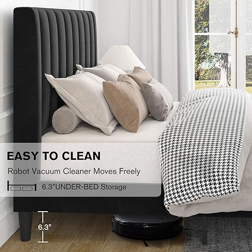Miniatura 5 de IMUsee Base de cama tapizada de terciopelo de tamaño matrimonial con cabecero, listones de madera fuertes, somier opcional, base de colchón, fácil