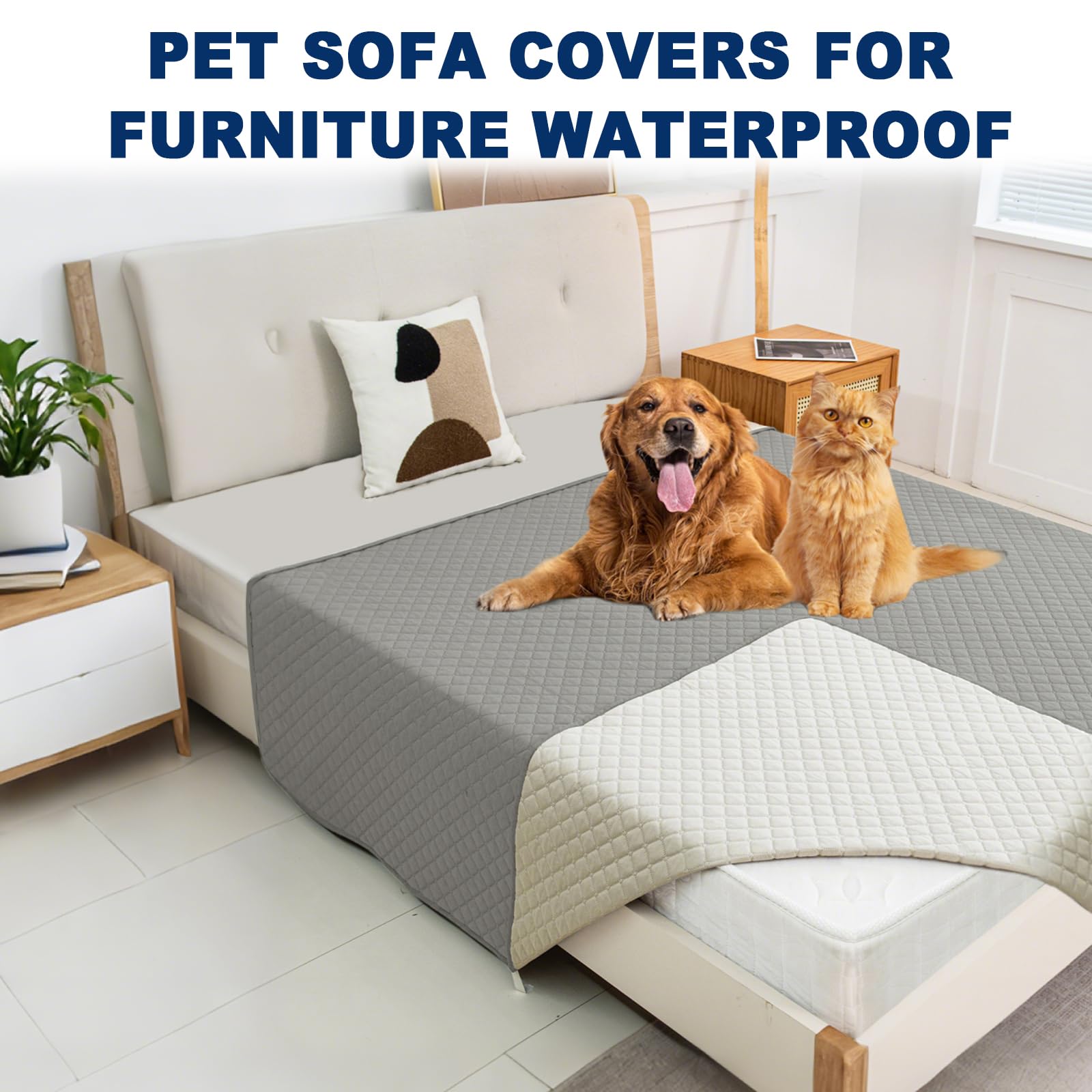 100% Beidseitiger wasserdichte Sofabezug für Hunde, Waschbare rutschfeste Hundedecke für Sofa Bett, Sofaschutz für Kinder Hund Katze (Hellgrau,208x305 cm)