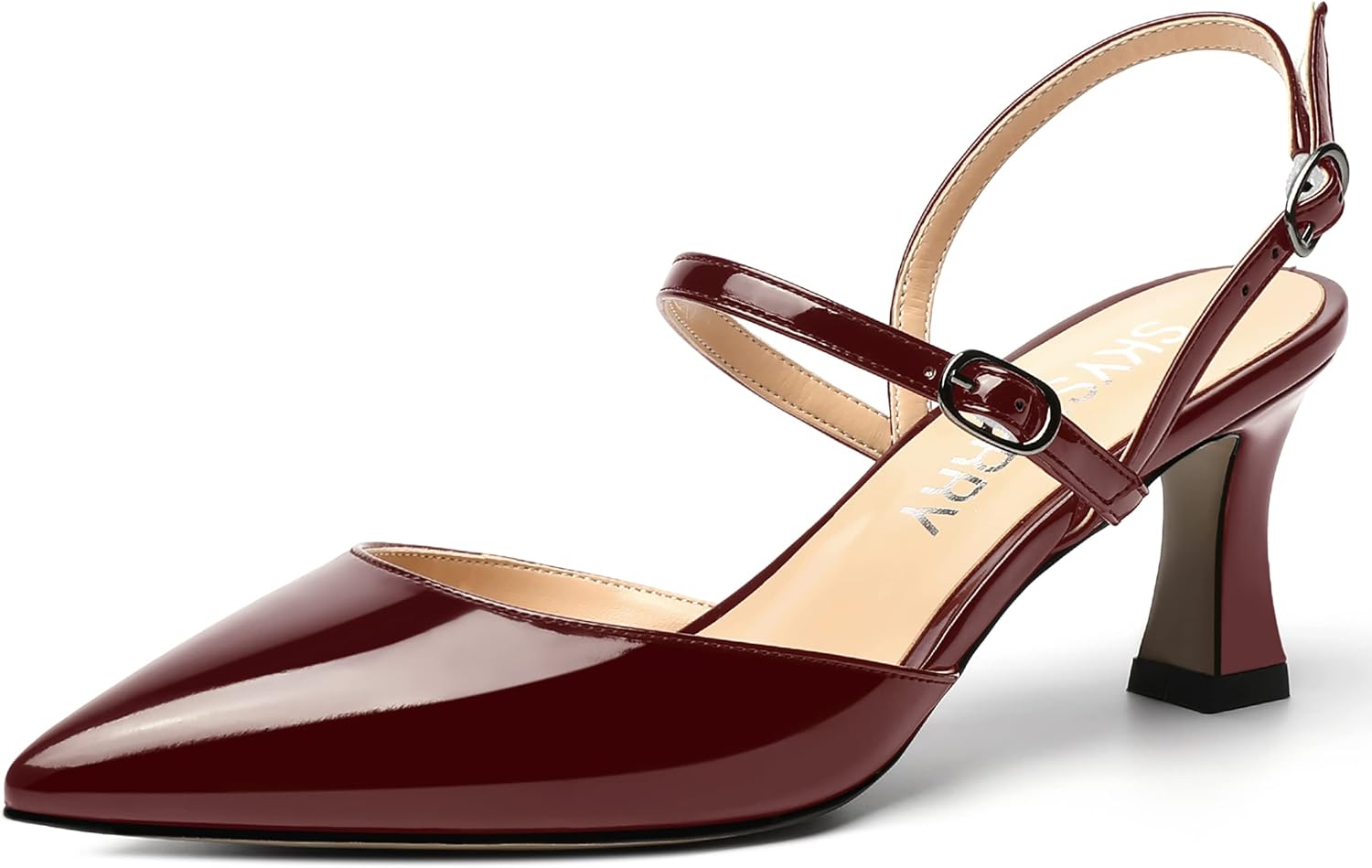 SKYSTERRY Women's Spool Sexy Mid Heel Wedding Patent 2.5 Inch Slingback Slip On Pointed Toe Pumps Shoes Burgundy Size 9 - Zapatos Formales para Mujer
