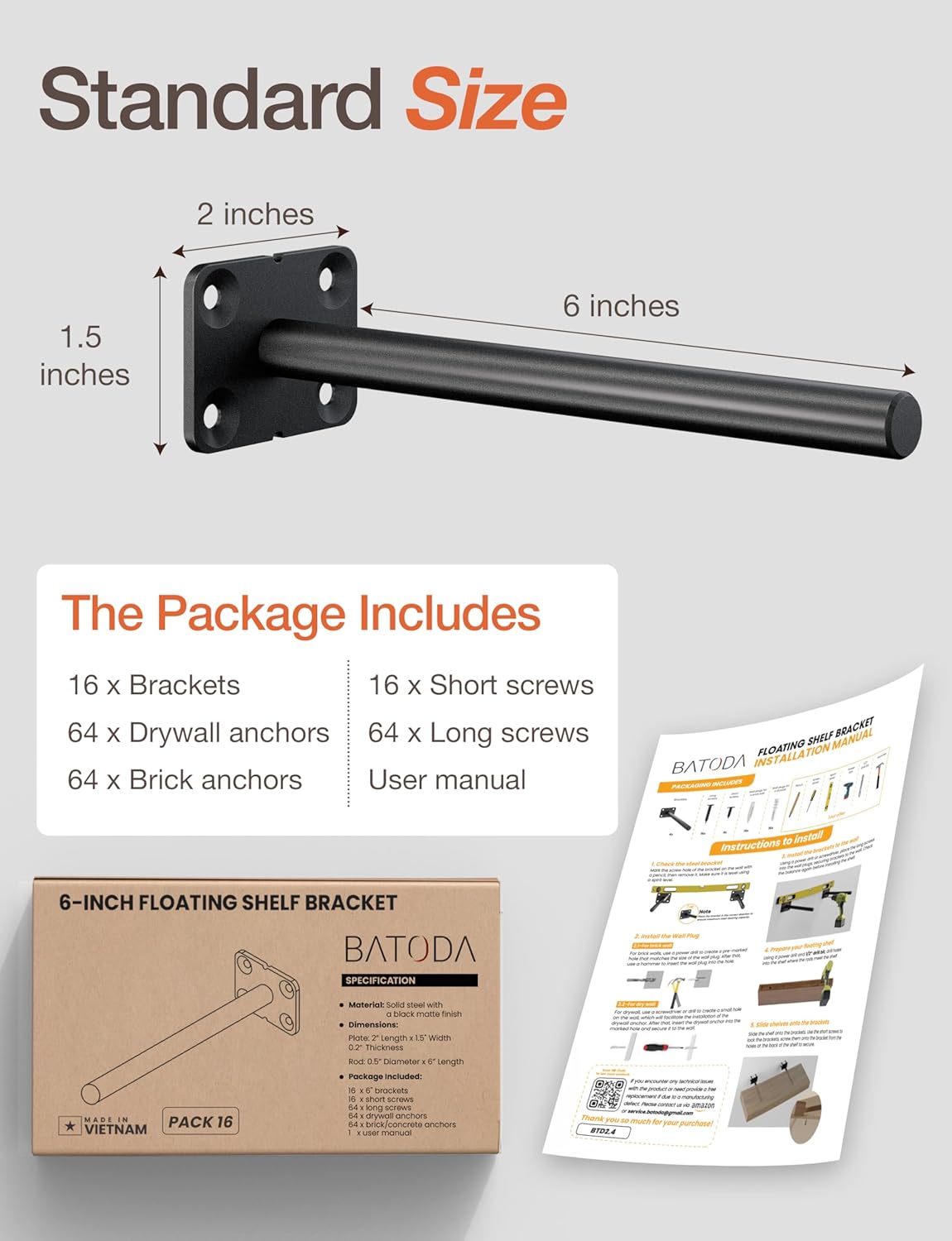 BATODA - 6" Floating Shelf Bracket (16 pcs) – Solid Steel Blind Shelf Supports - Hidden Brackets for Floating Wood Shelves - Blind Shelf Support - Shelving Mounting Hardware Included (Pack 16)