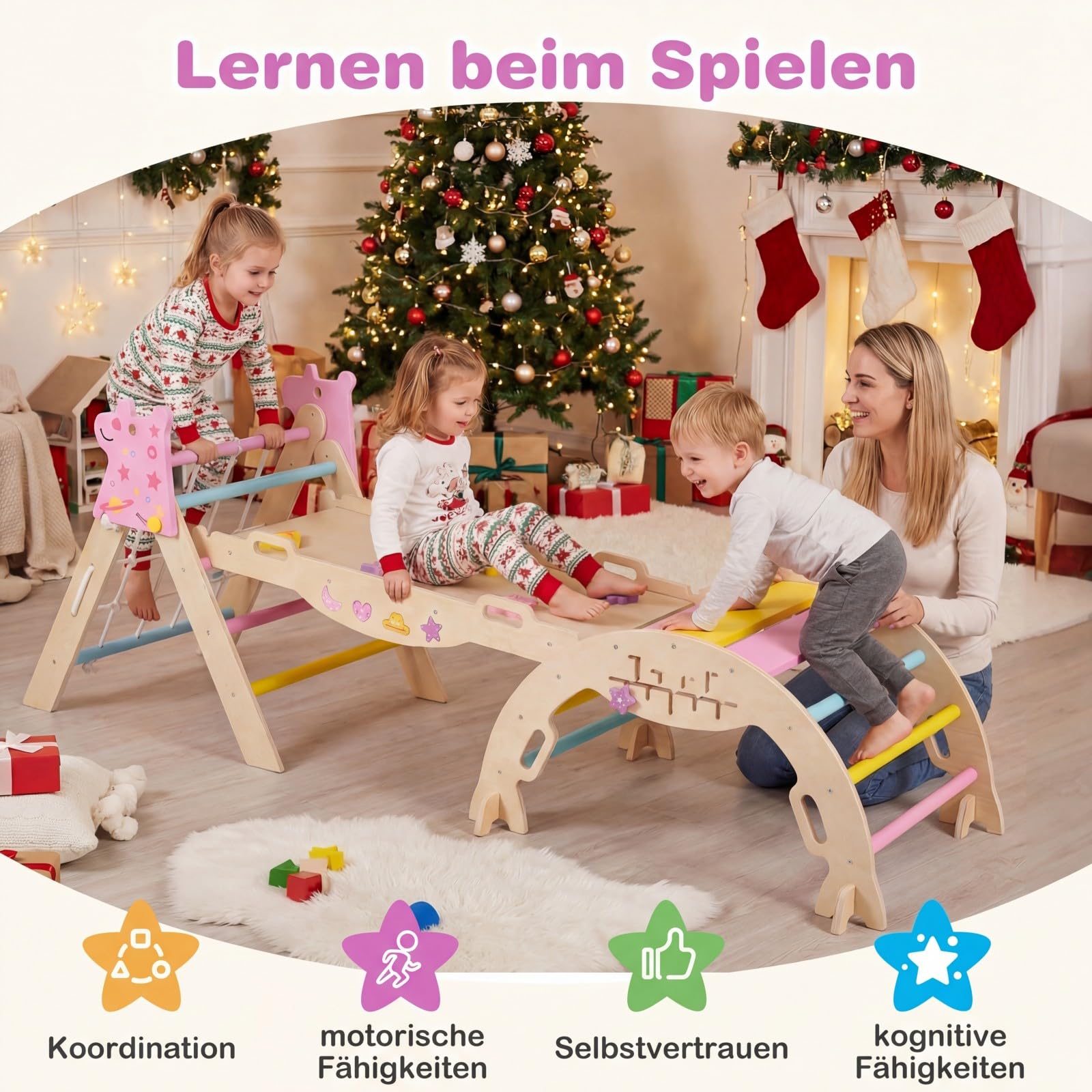 GOPLUS 8-in-1 Klettergerüst Indoor, Kletterdreieck Holz, 4er Set Kletterspielzeug mit Kletternetz, Kletterbogen, Wippe & Leiter, inkl. doppelseitige Rampe & Baustein Set, Sprossendreieck für Kinder
