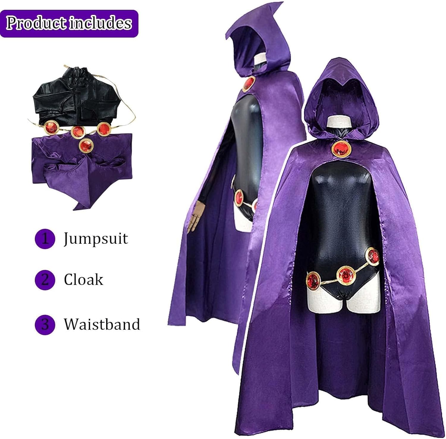 Raven Costume Women Purple Hooded Cloak Jumpsuit with Jeweled Belt Halloween Costume Cosplay Anime Outfit Props