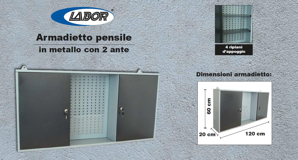 Labor Armadio Porta Utensili Pensile 2 Ante in Metallo con Serratura Dimensioni 120x20x60 cm