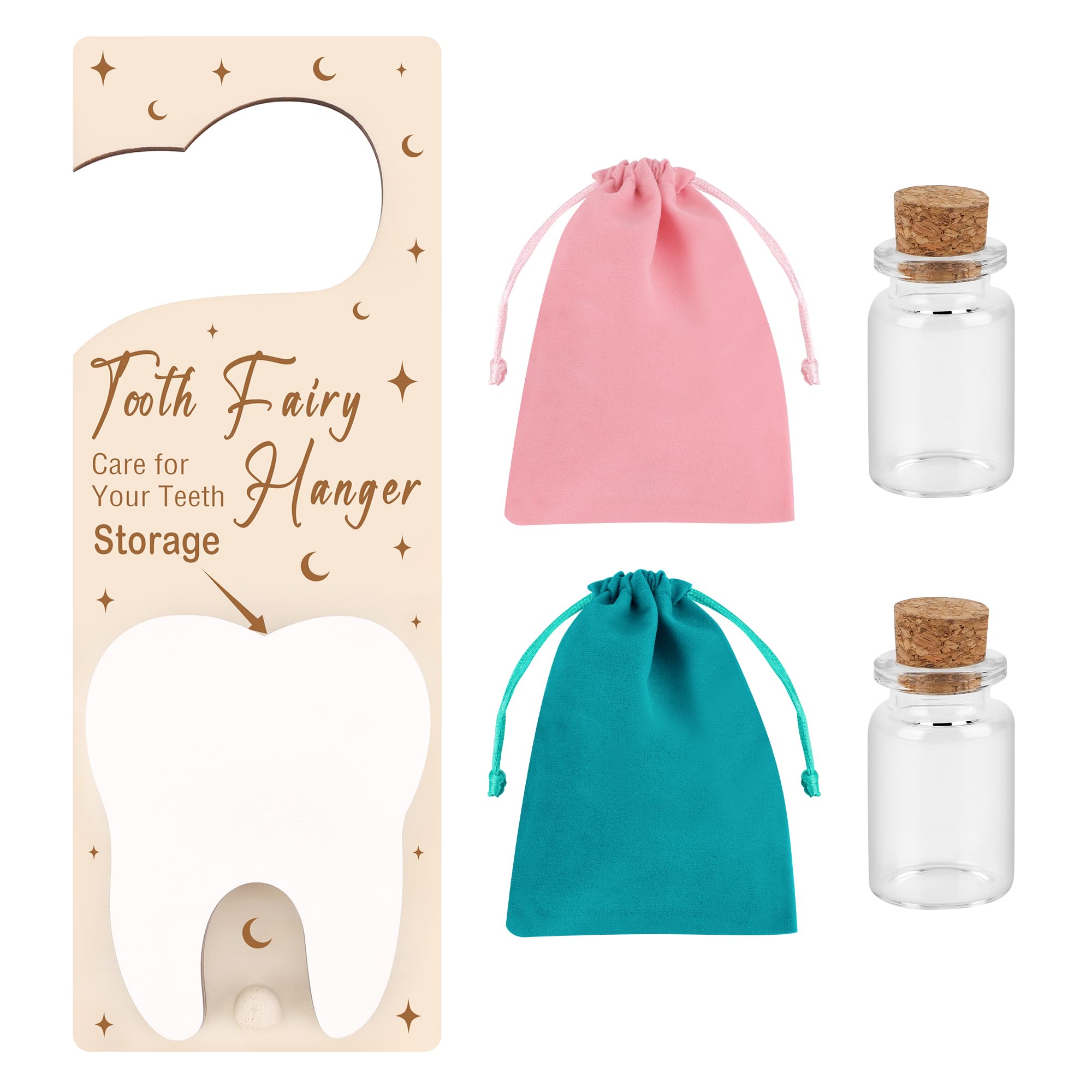 1+4PCS Tooth Fairy Door Holder, Windspeed Tooth Fairy Door Hanger with Slot Encourage for Lost Teeth Gift with 2 Bottles/ 2 Pouch