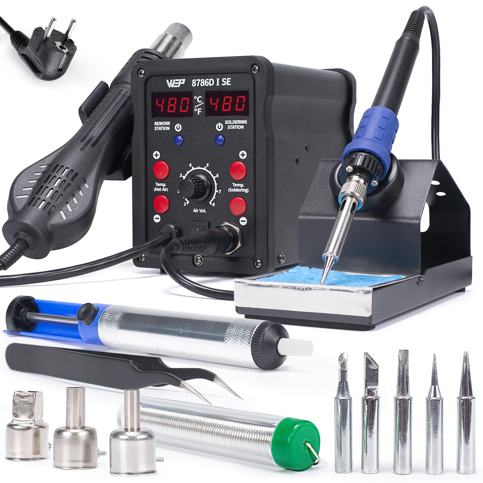 WEP 8786D-I SE Kit estación de soldadura con aire caliente 2-en-1para reparación desoldado con hilo de soldadura sin plomo 5 puntas de soldadura 3 boquillas de aire caliente bomba desoldadora(EU Plug)