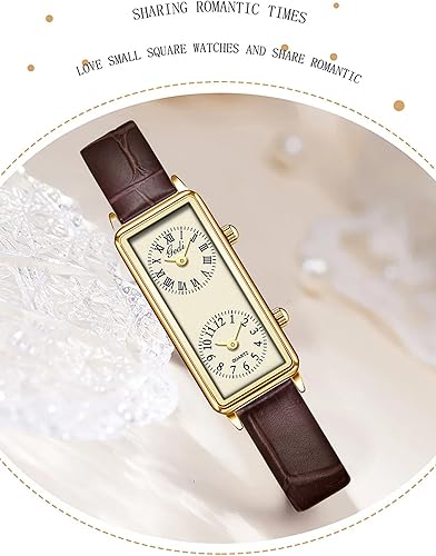 Miniatura 4 de Gosasa Womens Vintage Rectangle Watch Dual Time Zone Waterproof Ladies Quartz Analog Watch for Small Wrist with Two Dials, Roman & Arabic Numerals,
