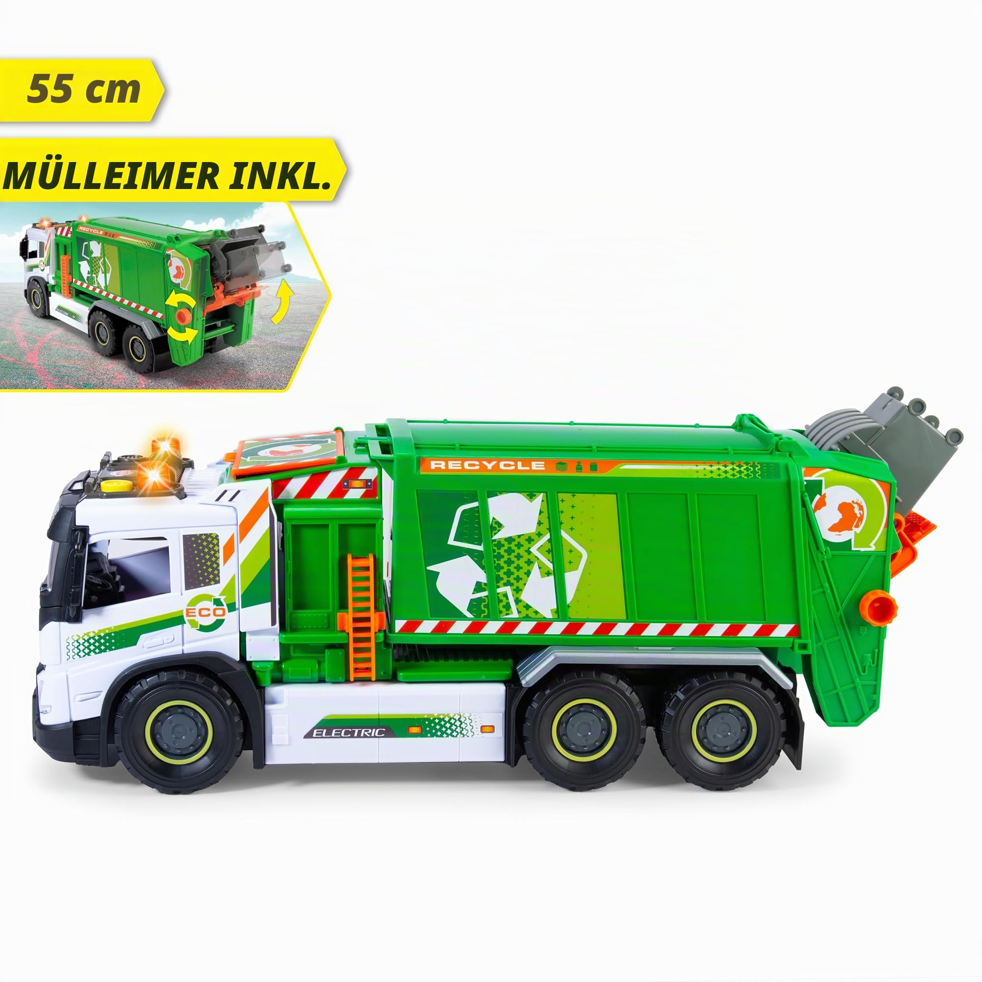 Dickie Riesenrecycling-LKW Volvo FMX 55 cm, Müllsammelwagen mit Licht und Sound, manuelle Kippfunktion, bewegliche Teile, Frontfach und Mülleimer, ab 3 Jahren (203749040)