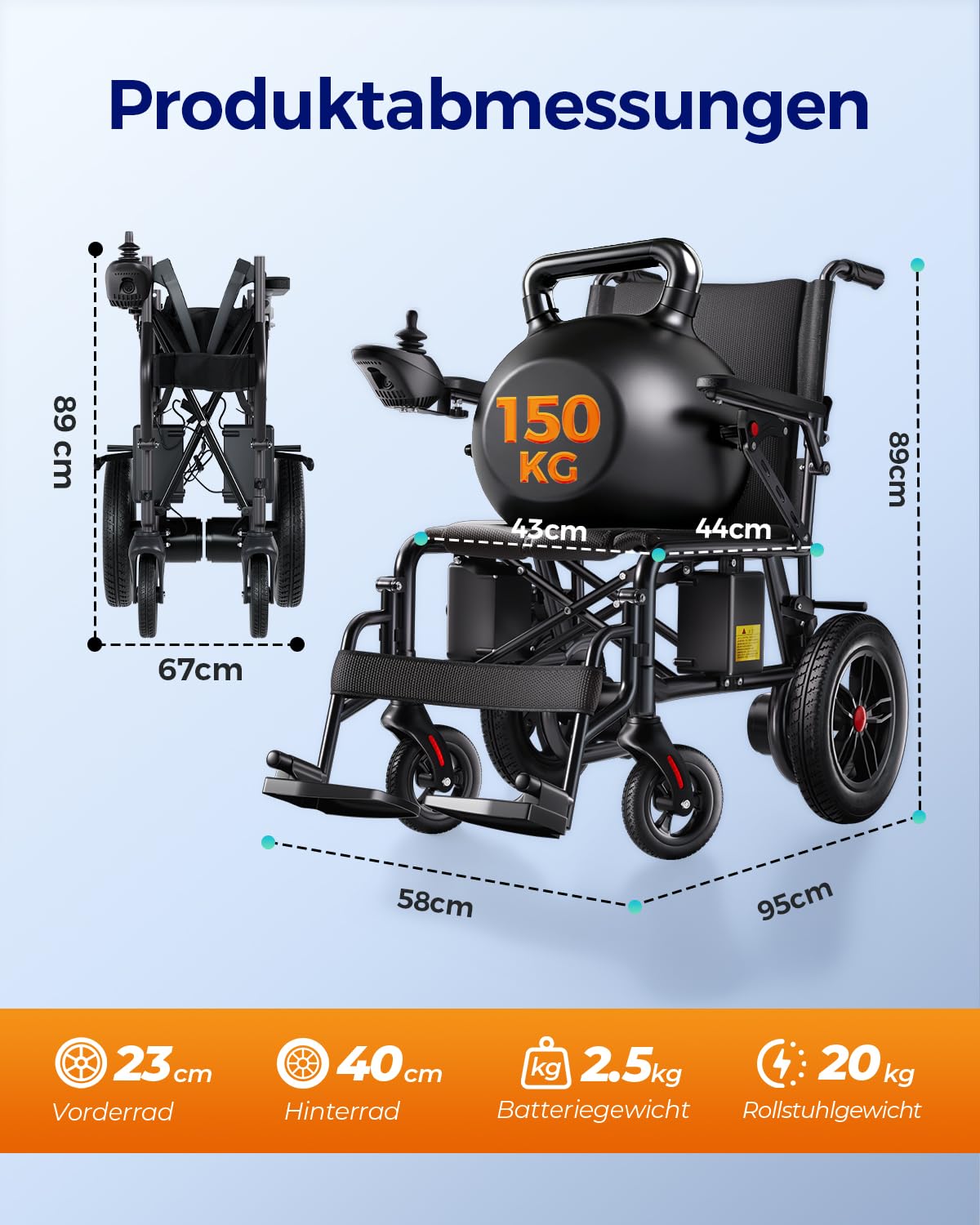 HomyKing Faltbarer Elektrorollstuhl, Reichweite bis 25 km, Leichter Elektro Rollstuhl für Senioren und Erwachsene, Kompakter Elektrischer Mobilitätsroller zum einfachen Verstauen