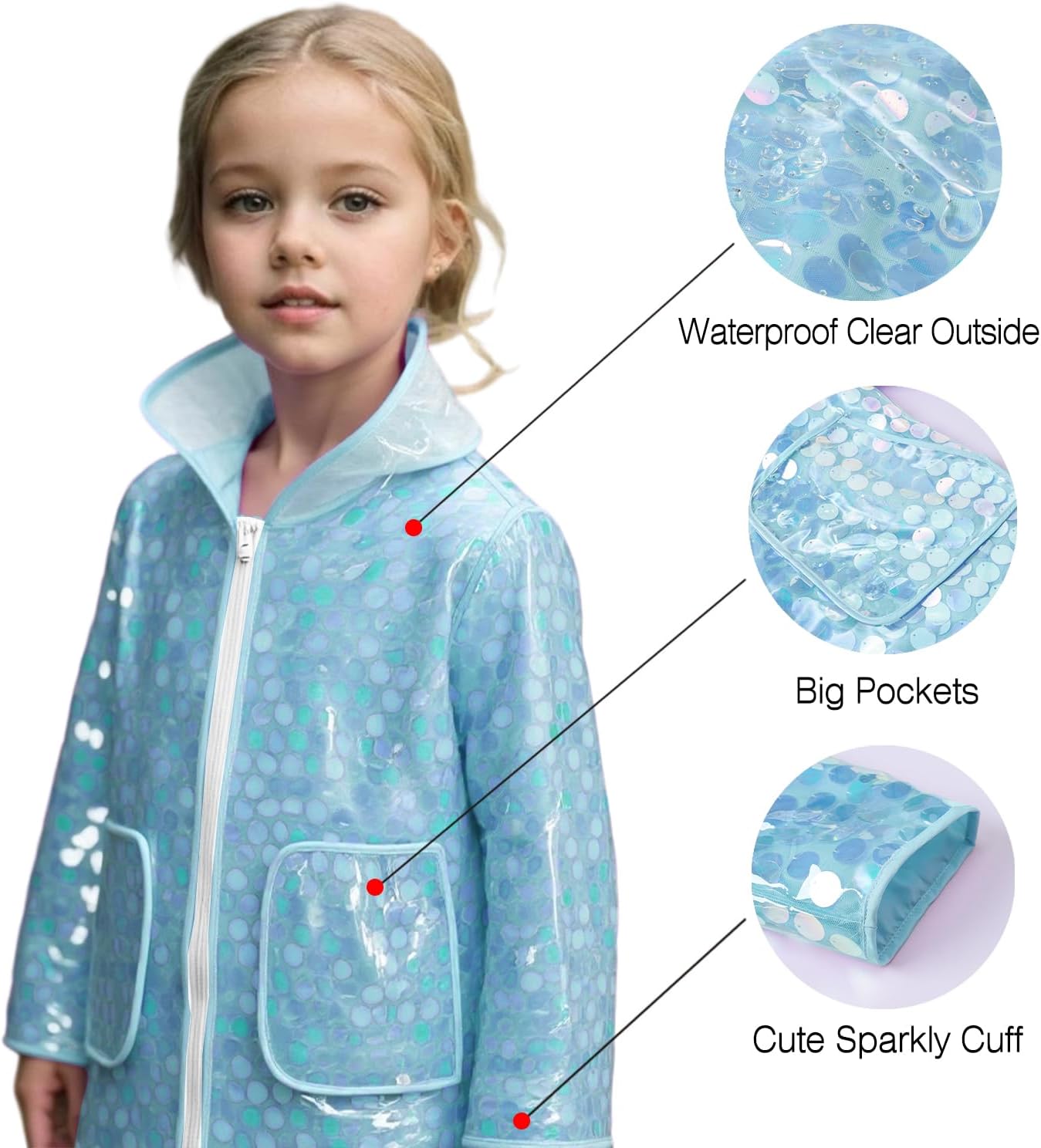 Cromoncent Girls Sequin Rain Jacket Waterproof Windbreaker Hooded Lightweight Lined Raincoats For Kids Outdoor