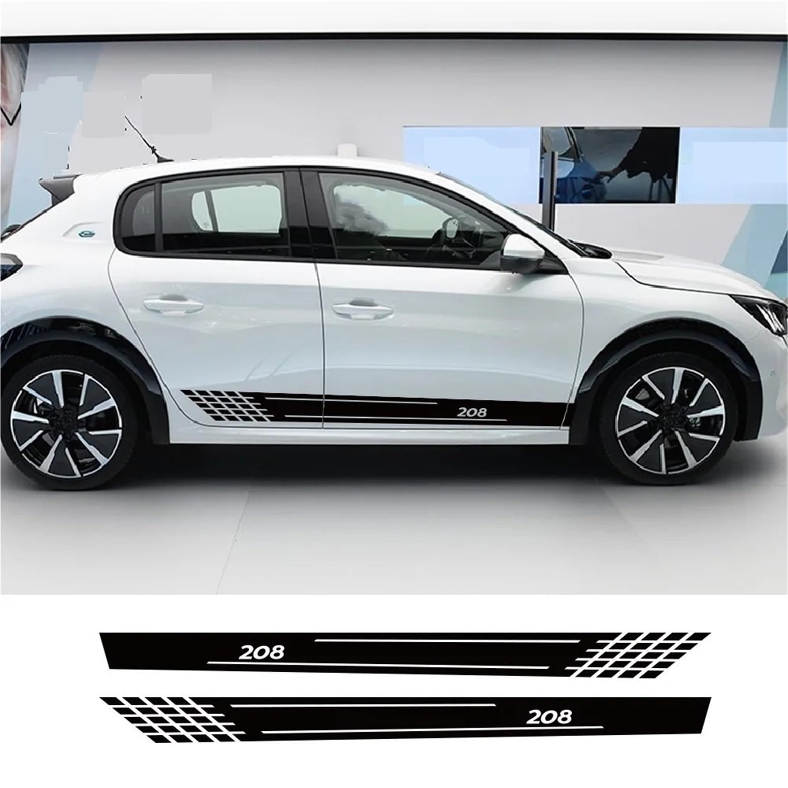 2 adesivi a strisce per minigonne laterali per portiera auto adatti per Peugeot 208 GT Tuning Accessori auto Linea grafica(Glossy Black)