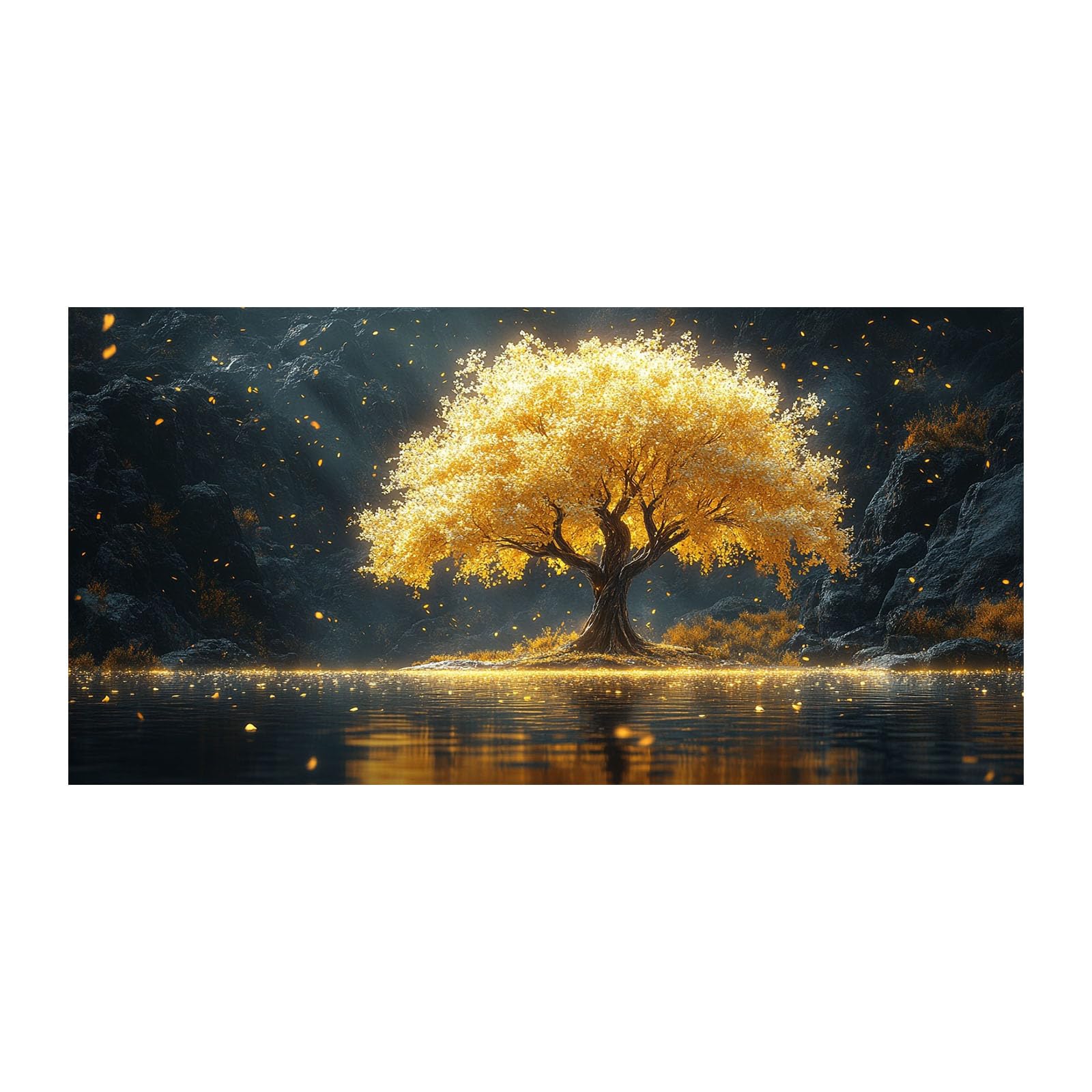 TERUEA Cuadros Decorativos Modernos Floral Brillante Árbol Dorado Brillante Acantilado Oscuro Agua Cuadros Decoracion Salon yoga femenino flor salud Lienzos decorativos（Gold-50x100cm1 Sin marco