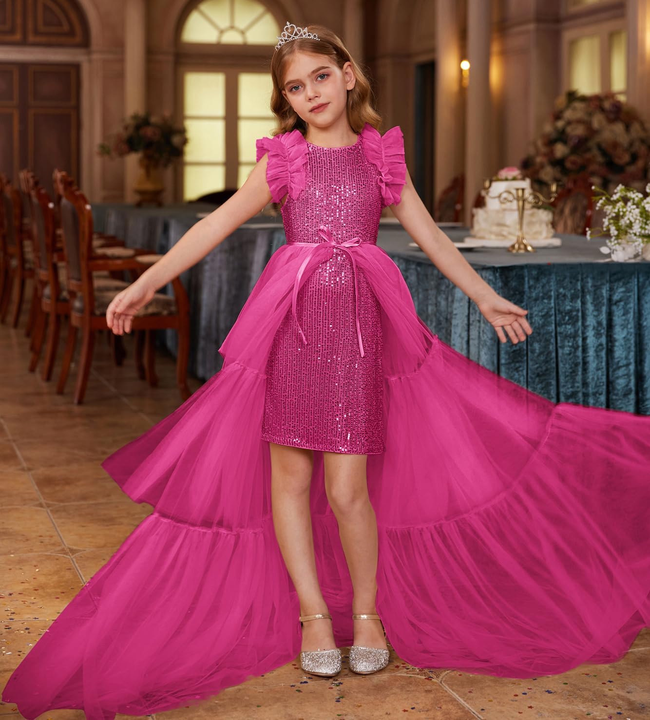 GRACE KARIN Girls Sequin Dress Formal Pageant Sparkle Party Ruffle Prom Maxi Dress Size 5-14Y - Image 4