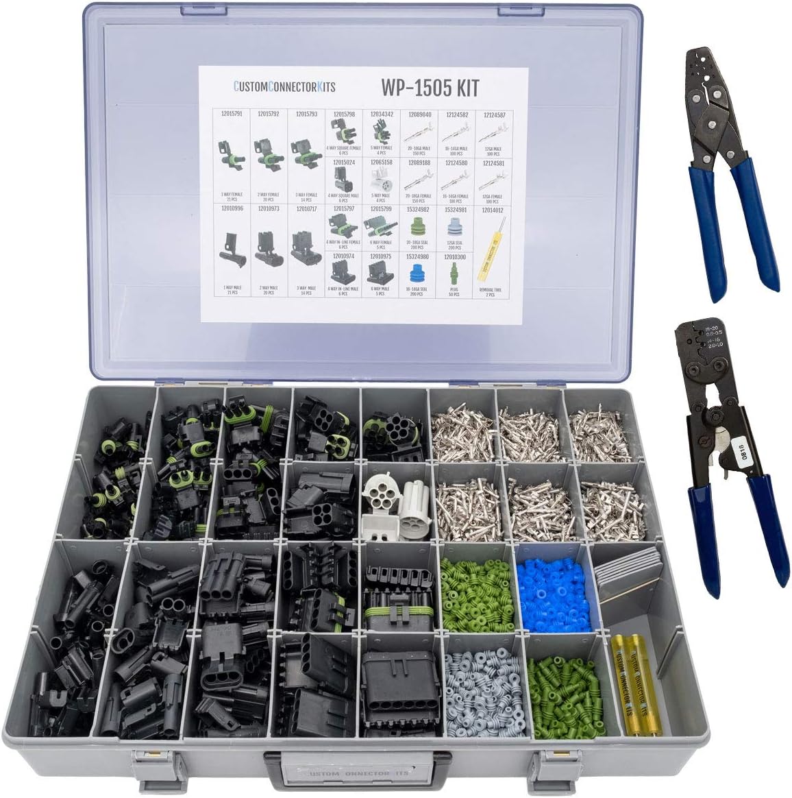 Delphi Weather Pack Pro Kit WP-1505 With 2 Crimp Tools: Sealed Weatherproof Automotive Electrical Connectors 20-12 Gauge 1505 Piece Kit With 12014254 and T-18 Crimp Tools