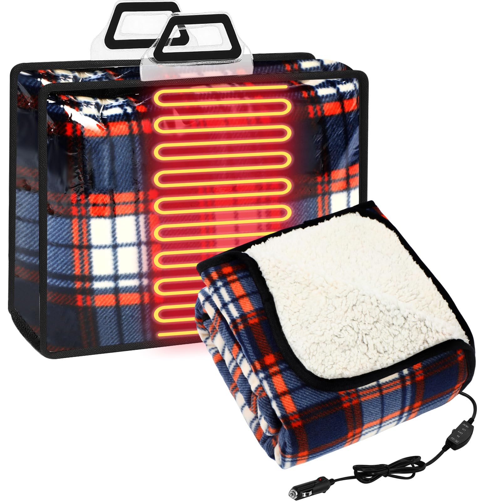 Tuanse 58x43 Inches 12v Heated Car Blanket Plug in, Blue White, Stripe