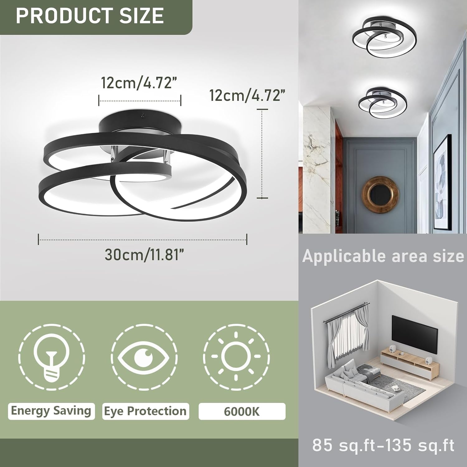 Black LED Ceiling Halway Light,6000K Modern LED Ceiling Light Fixture,Creative Design Close to Ceiling Lamp for Hallway Bedroom Dining Room Kitchen Bathroom Ceiling Lighting Fixtures