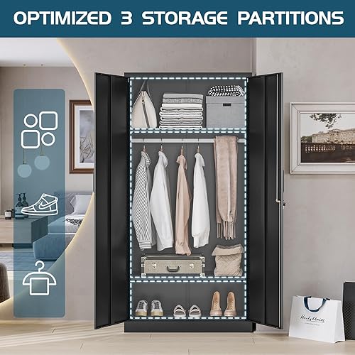 Miniatura 5 de MIIIKO Armario de almacenamiento industrial, armario de acero retro, armario de metal con estantes, puertas y barra colgante, para dormitorio, sala