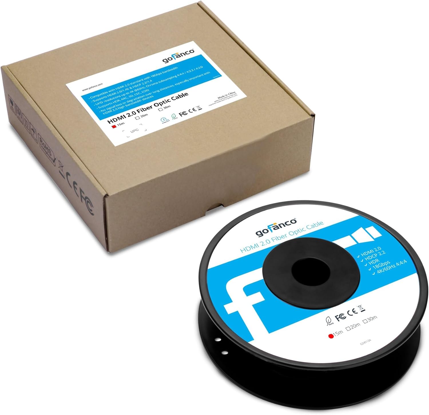 gofanco 15m+20m (4-Pack) Active HDMI 2.0 Fiber Optic Cable - 4K @60Hz 4:4:4, HDMI 2.0, HDCP 2.2, HDR, ARC, 18Gbps, 3D, CEC, EDID, HEC