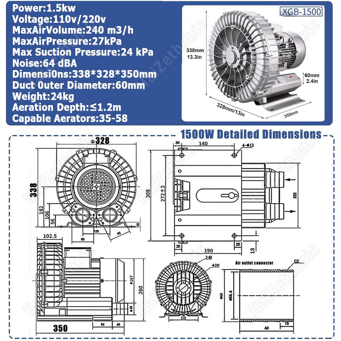 Soplador Canal Lateral,Bomba Aire Ventilador V0rtex,Bomba De Aire Eléctrica,Turbina Anillo Gas,para Aireación Aguas Residuales Acuarios/Estanques,para Soplado O Succión Aire 1500W/2.04HP
