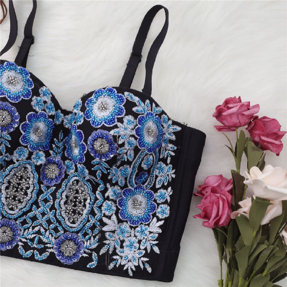 YSGE Corpetto Donna Sexy,Corsetti Sexy da Donna Classico Fiore Blu Ricamo Perline Estate Spalline Sottili Bustier Corsetto Top Push Up Crop Top Canotta Senza Schienale Gilet per Clubwear Party