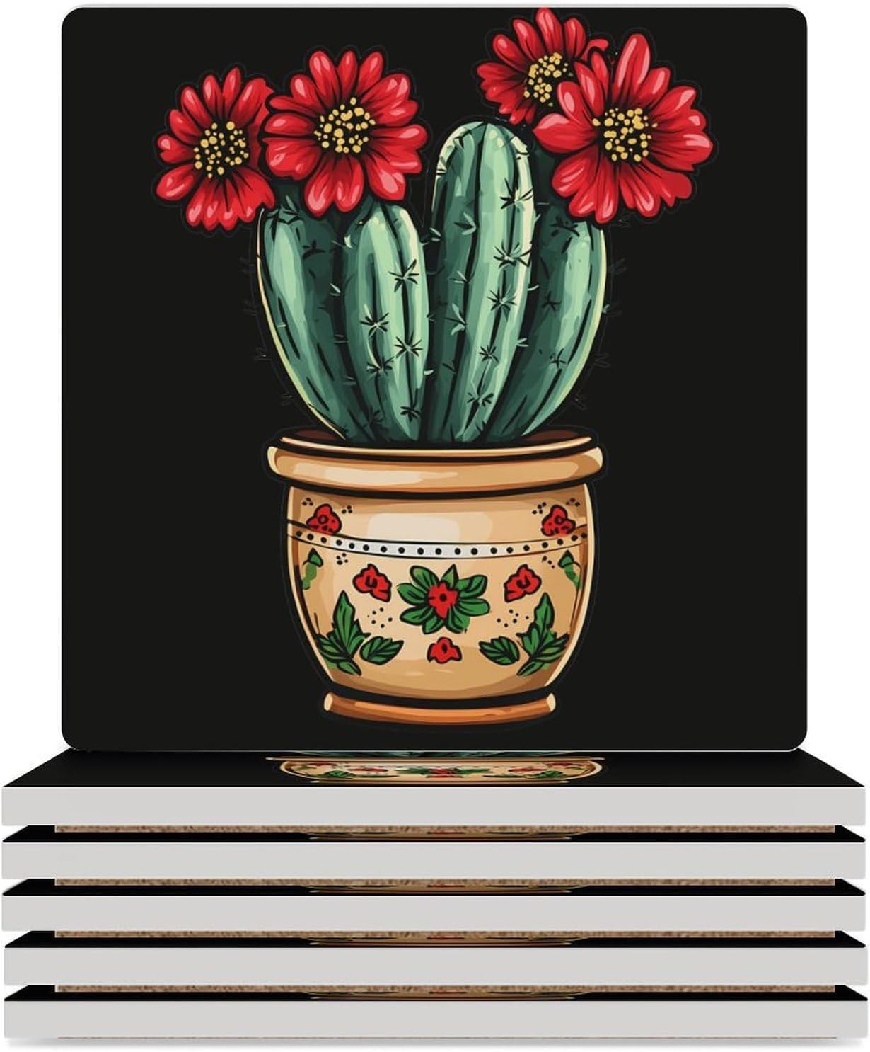 Cactus Plant Ceramic Coasters Set Square Drink Coasters Table Coaster for Kitchen Desktop Decor