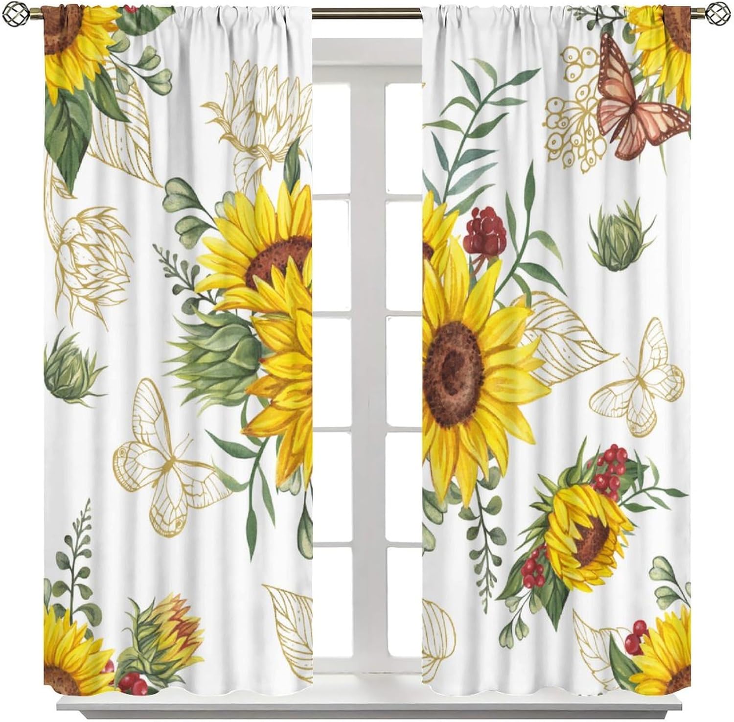 Sunflower Curtains Butterfly Natural Farmhouse Floral Pattern Blackout Print Rod Pocket Window Drapes for Bedroom Living Room Kitchen 42x54in