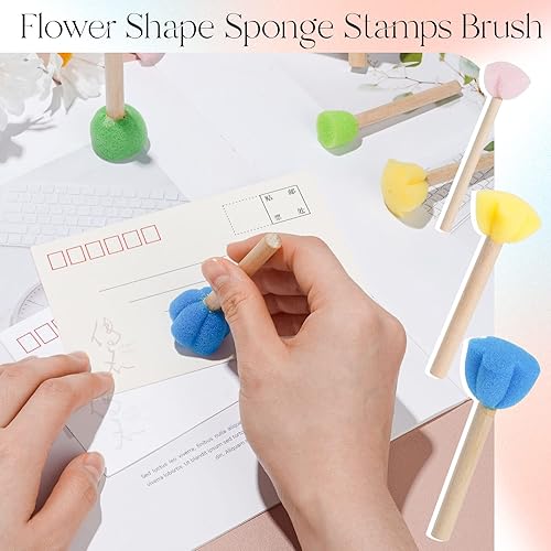 Miniatura 7 de NUOMI 15 piezas de sellos de esponja para niños con mango de madera, mini lindas formas redondas y de flores para pintar, bricolaje, manualidades,