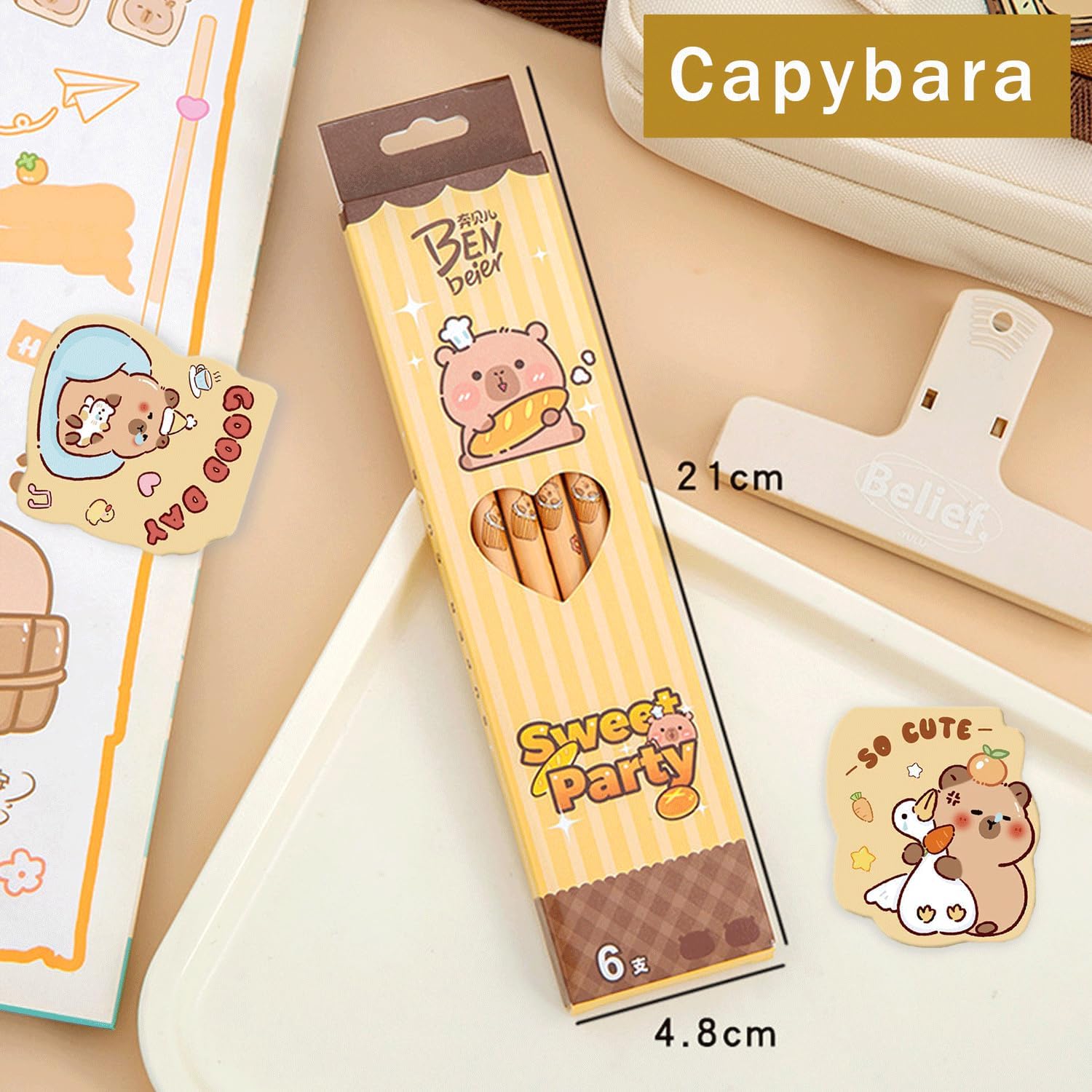 LEMONSTONE Capybara Pencils Set, 6 Pieces Pencils 2B Black, with 2 Bookmarks, Capybara Pencil with Eraser, 2B Pencils for Drawing, Writing, School, Children, Home (Capybara)