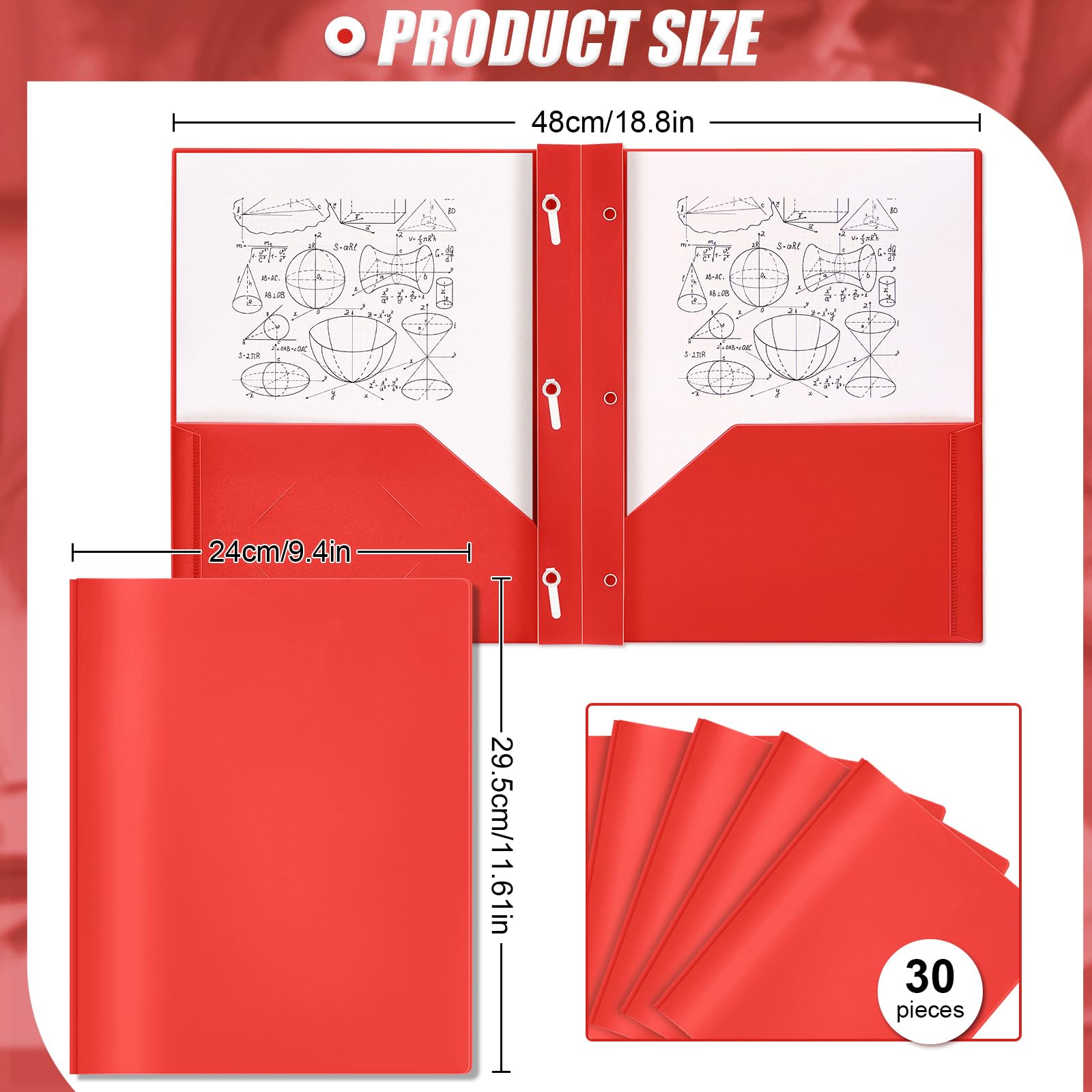 Yeaqee 30 cartelline in plastica con tasche e rebbi, con rebbi, cartelle in plastica con 2 tasche, per ufficio, scuola per studenti, insegnanti, impiegati (rosso)