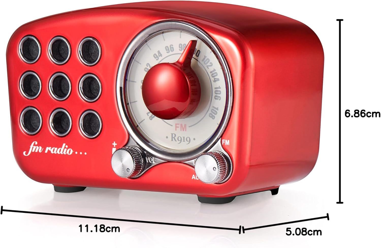 Dimensions of the Greadio Retro Bluetooth Speaker: 11.18cm length, 5.08cm width, 6.86cm height.