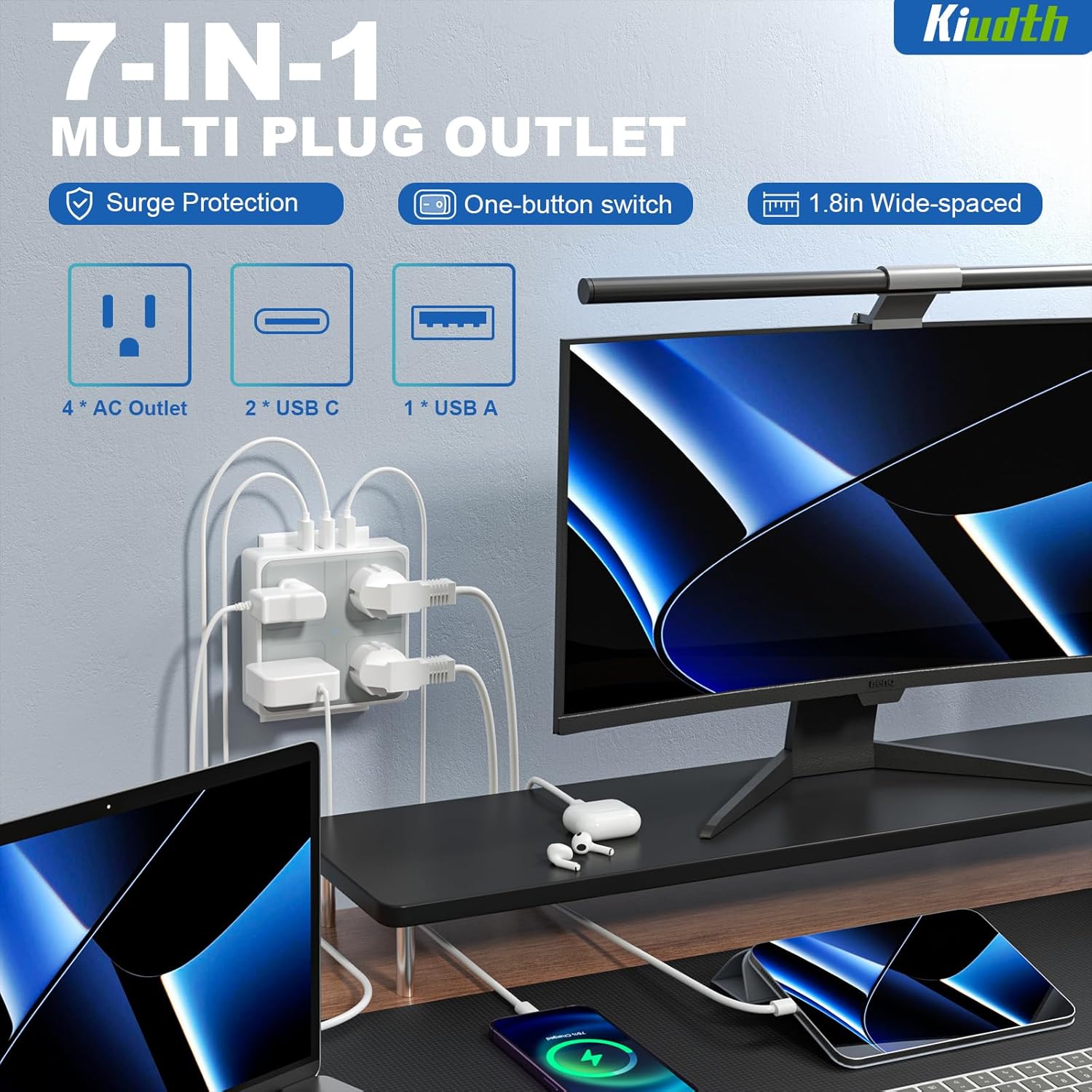 Surge Protector Outlet USB Extender - Kiudth 3 Outlet Splitter with 3 USB Ports(1 USB A), Electrical Adapters Multi-outlets with USB Ports,Square Wall Multi Plug for Travel Home Office Dorm (White)