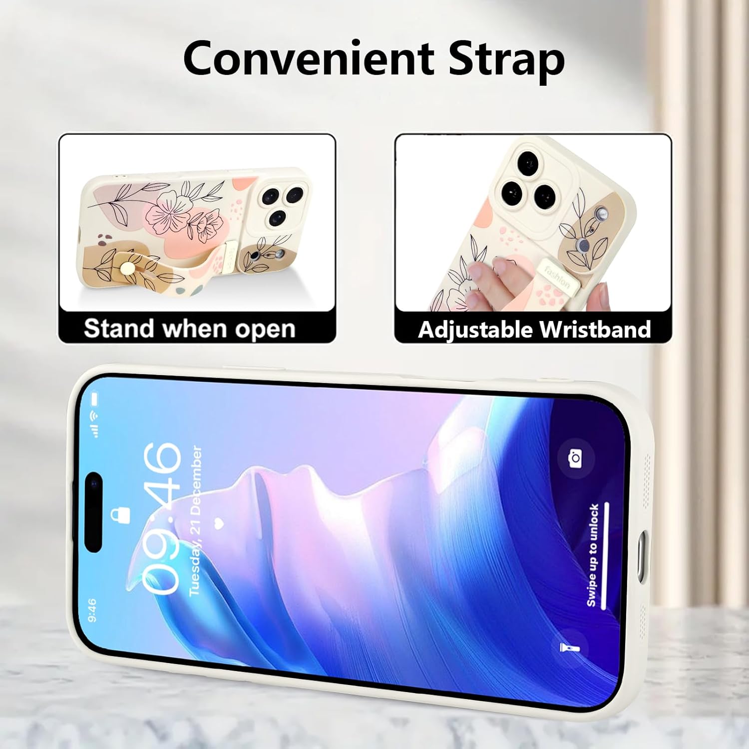 Case for iPhone 17 Pro Max Silicone Phone Case with Strap for Women Girls Cute Floral Flowers Design, Adjustable Finger Strap Kickstand Protective Cover, Beige - Image 4