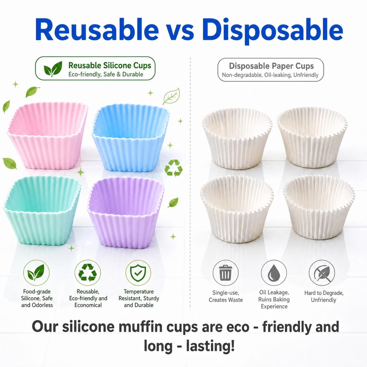 YXHZVON 24 moldes de silicona reutilizables para magdalenas, moldes reutilizables para cupcakes, sin BPA, diámetro de 7,0 cm, altura 3,2 cm (cuadrado)