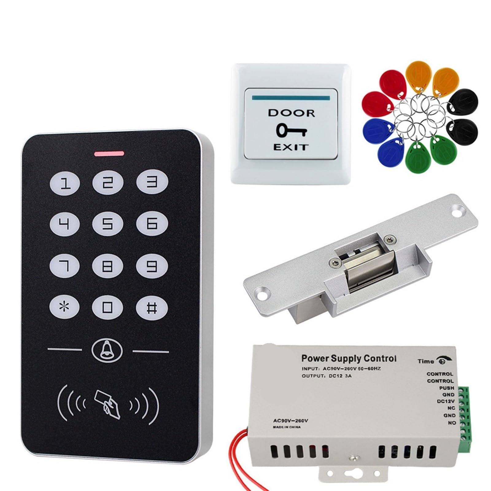 Kit de de Control de Acceso de Puerta, Teclado de Control de Acceso RFID, Fuente de alimentación, Cerradura magnética eléctrica, cerraduras de Golpe, 10 Uds. De Llaves(Kit6)