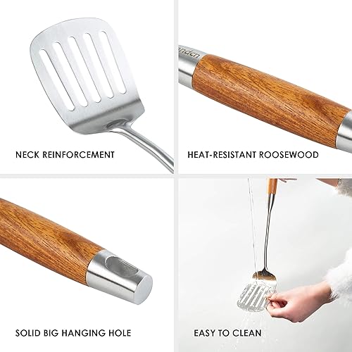 Miniatura 4 de Juego de utensilios de cocina de acero inoxidable 1810 con mango de madera, herramientas de cocina de metal de 15 pulgadas de largo, cuchara para