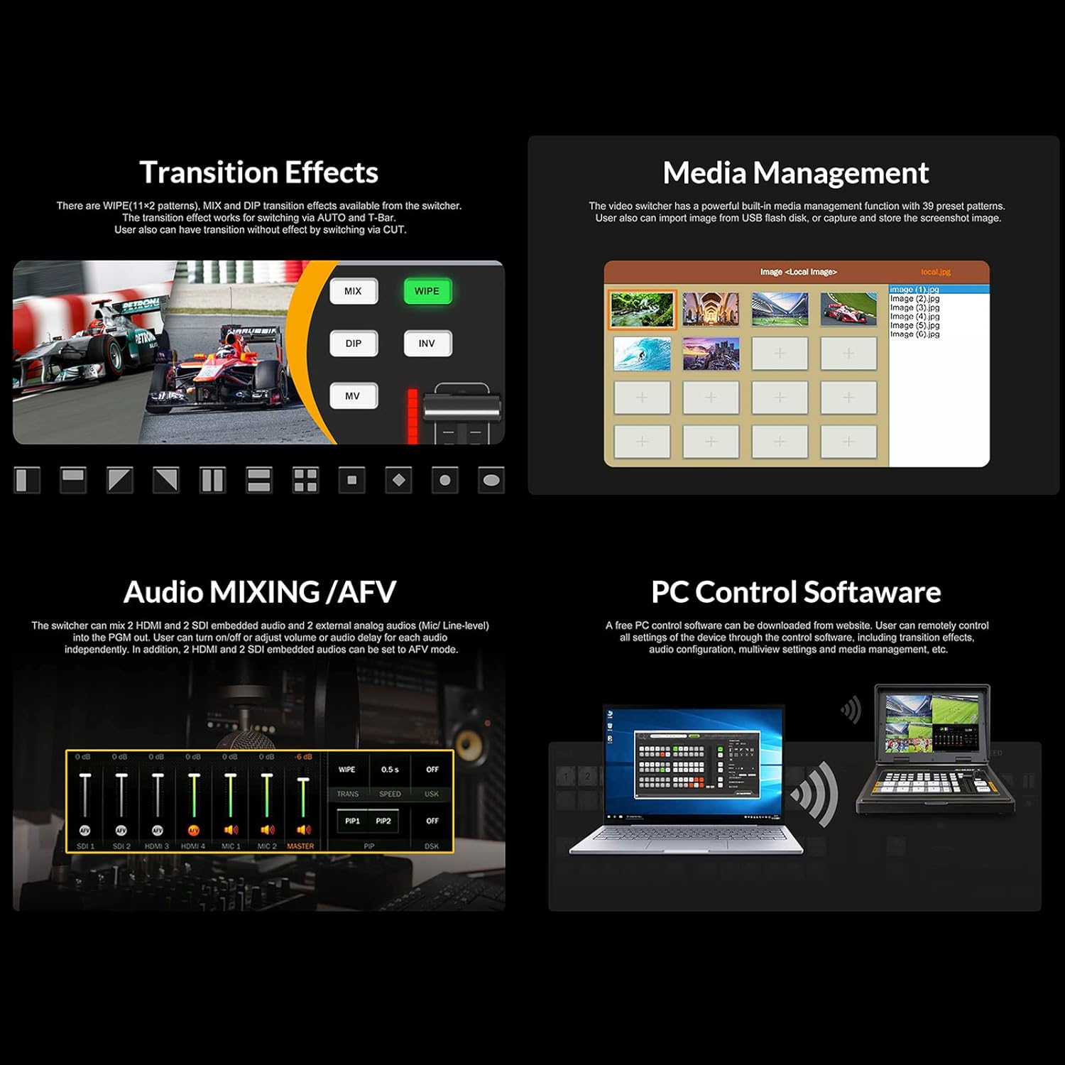 AVMATRIX PVS0403U Multi-Format Video Mixer Switcher with 2xSDI 2xHDMI Inputs 10.1 inch Screen for Real Time Production Livestream