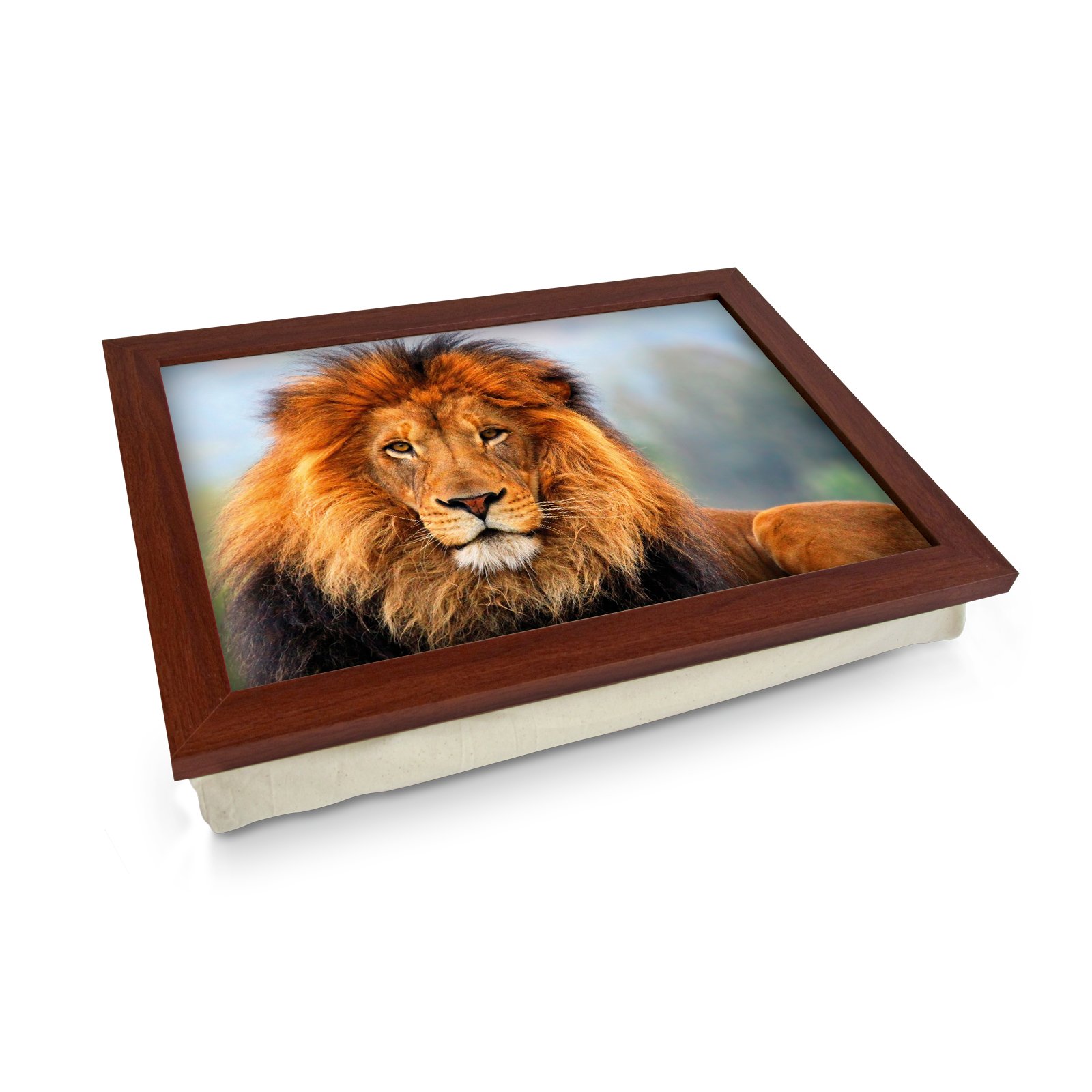 Yoosh Brown Extra Large Portable Lap Desk Tray (Majestic Lion) Wide Multi Purpose | Handmade Large Wooden Frame, Big Beanbag Cushion Bottom | Computers, Laptops, Meals, Food | 49.8Cm | Xl51