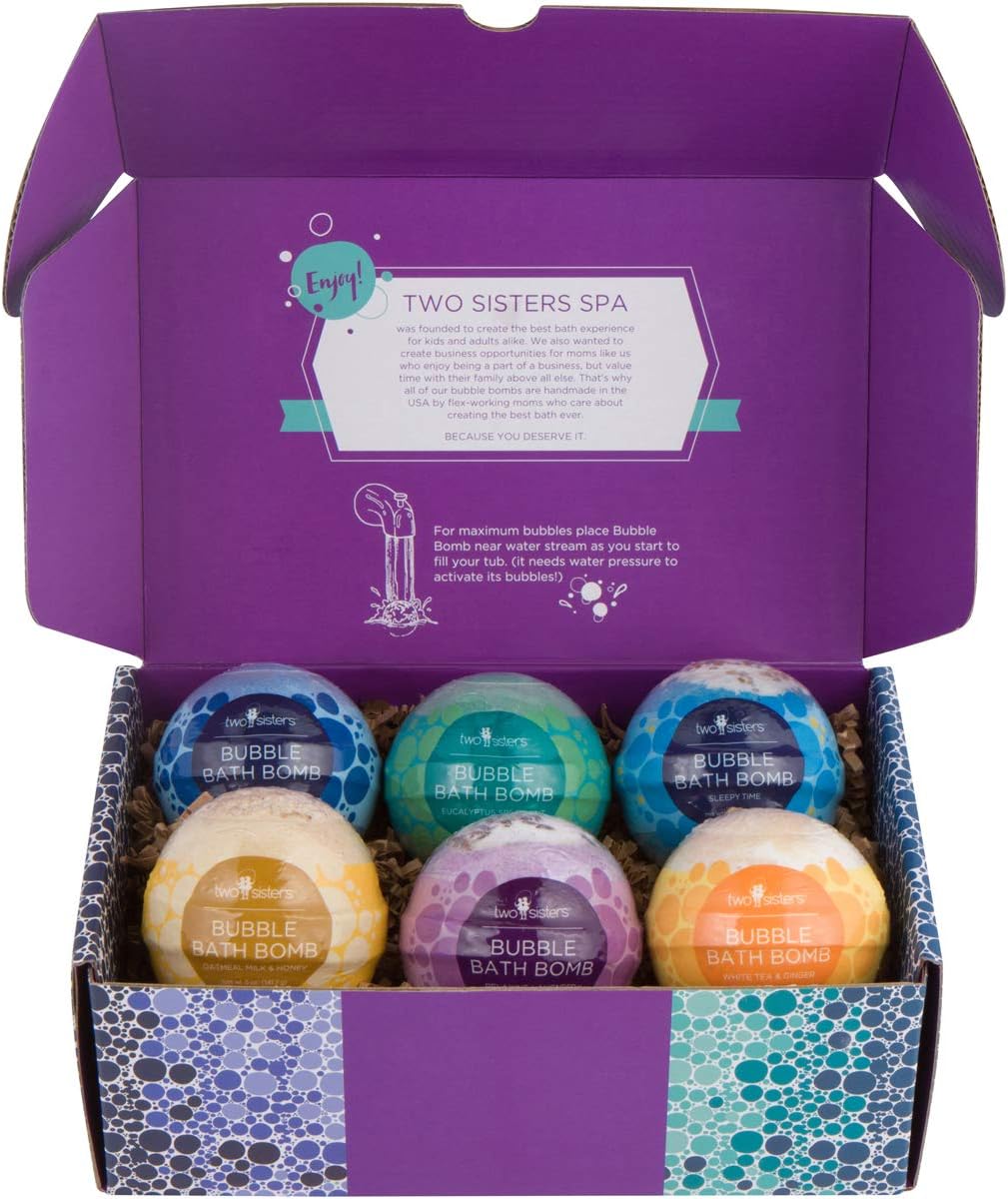 Two Sisters Relaxing Bath Bombs for Women, Girls, Teens & Kids (6 Pack) - Natural Bubble Bomb, Moisturizes Dry Skin, Aromatic Scents, USA Made - Christmas Stocking Stuffers for Women by Two Sisters