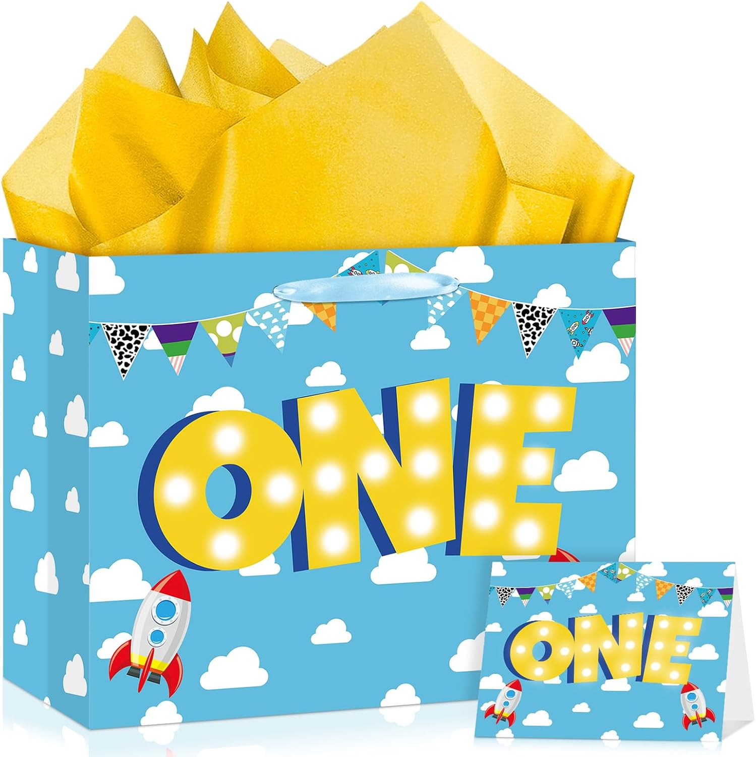 TagreSpike Cartoon Story 1st Birthday Gift Bag One Sweet Boy Party Favor Bag with Card and Tissue Paper Blue Sky White Clouds Wrapping Paper Bag for Kids Story Theme First Birthday Party Favors