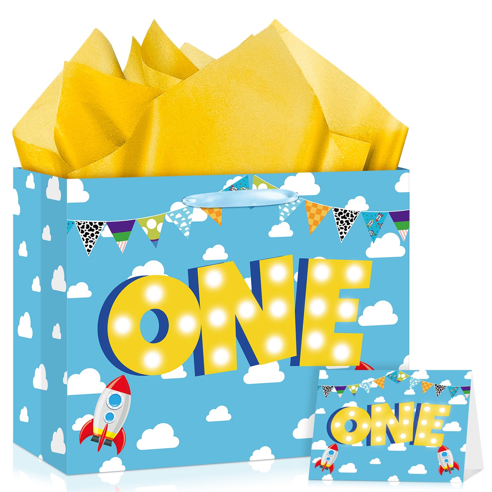 TagreSpike Cartoon Story 1st Birthday Gift Bag One Sweet Boy Party Favor Bag with Card and Tissue Paper Blue Sky White Clouds Wrapping Paper Bag for