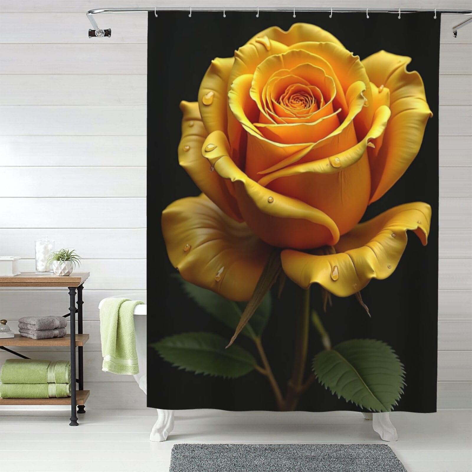 Rideau de douche en tissu épais n° 624 imprimé jaune rose lavable 152x183cm