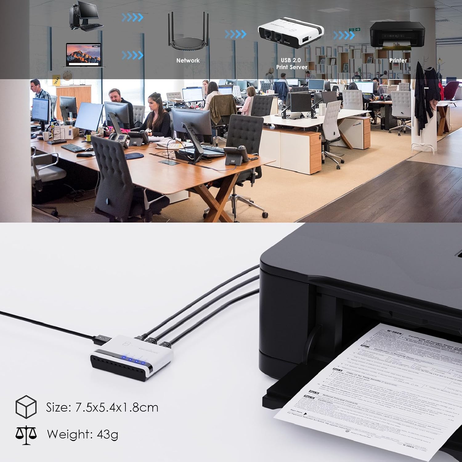 Networking USB 2.0 Print Server, 2.4G Wired Printer Server for Home and Office, Expand Network Structure (US)