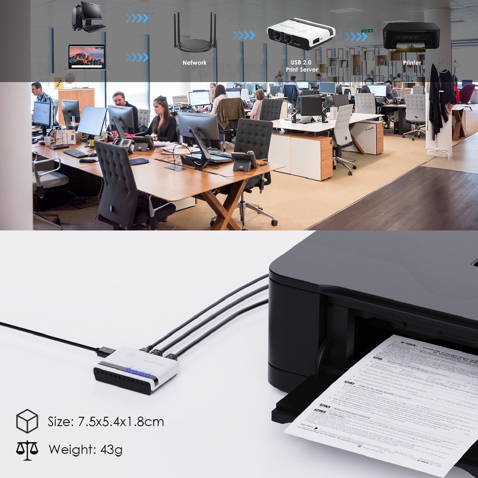 Netzwerk USB 2.0 Druckserver, 2,4 G Kabelloser Kabelgebundener Druckerserver für Zuhause und Büro, Erweitern Sie die Netzwerkstruktur (EU)