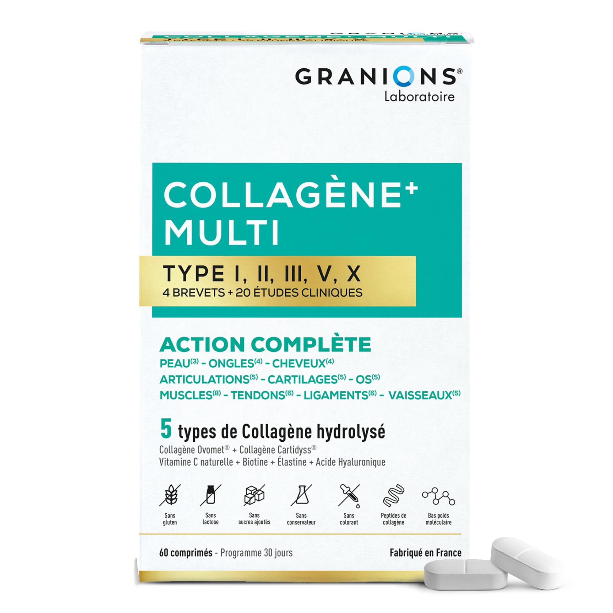 Collagene MULTI -​5 Types de Collagène- GRANIONS Collagène N°1 en Pharmacies - Fermeté De La Peau - Collagene Marin Poudre - Collagene Marin + Vitamine C - 20 Études Cliniques -​60 comprimés