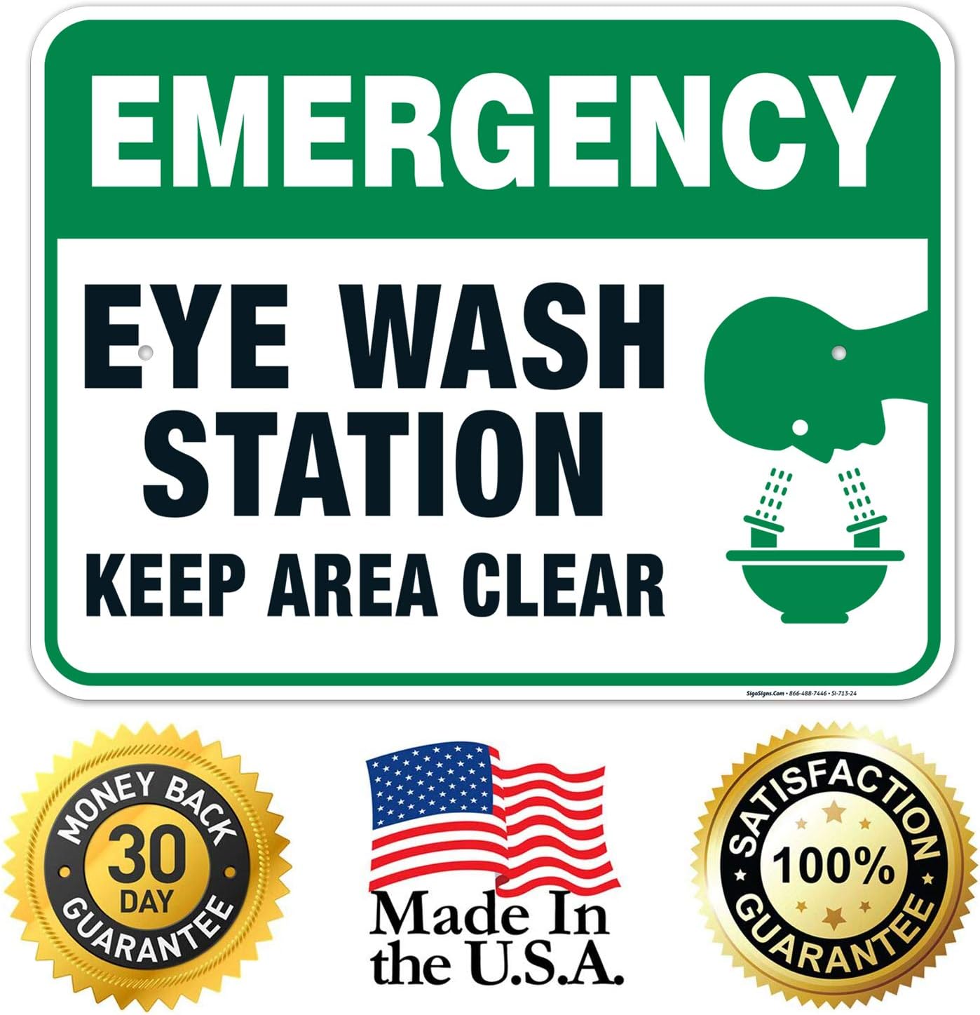 Eye Wash Station Sign, Emergency Sign, 18x24 Inches, Rust Free .063 Aluminum, Fade Resistant, Easy Mounting, Indoor/Outdoor Use, Made in USA