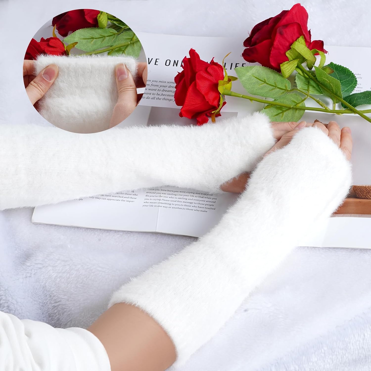 Yolyoo Winter Arm Warmers Women Kawaii Fuzzy Fingerless Gloves Y2k Fluffy Arm Warmers with Thumb Hole for Winter Accessories - Image 3