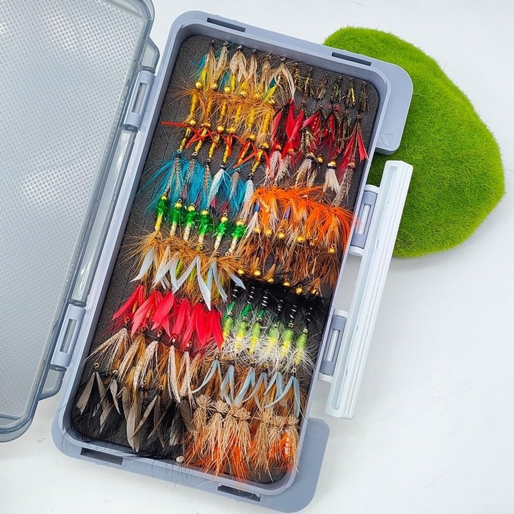 Kit Mosche Pesca 120pz Dry Wet Nymph per Trota(120) | 120 misti, dry wet nymph, scatola magnetica, uncini affilati, trota bass fiume