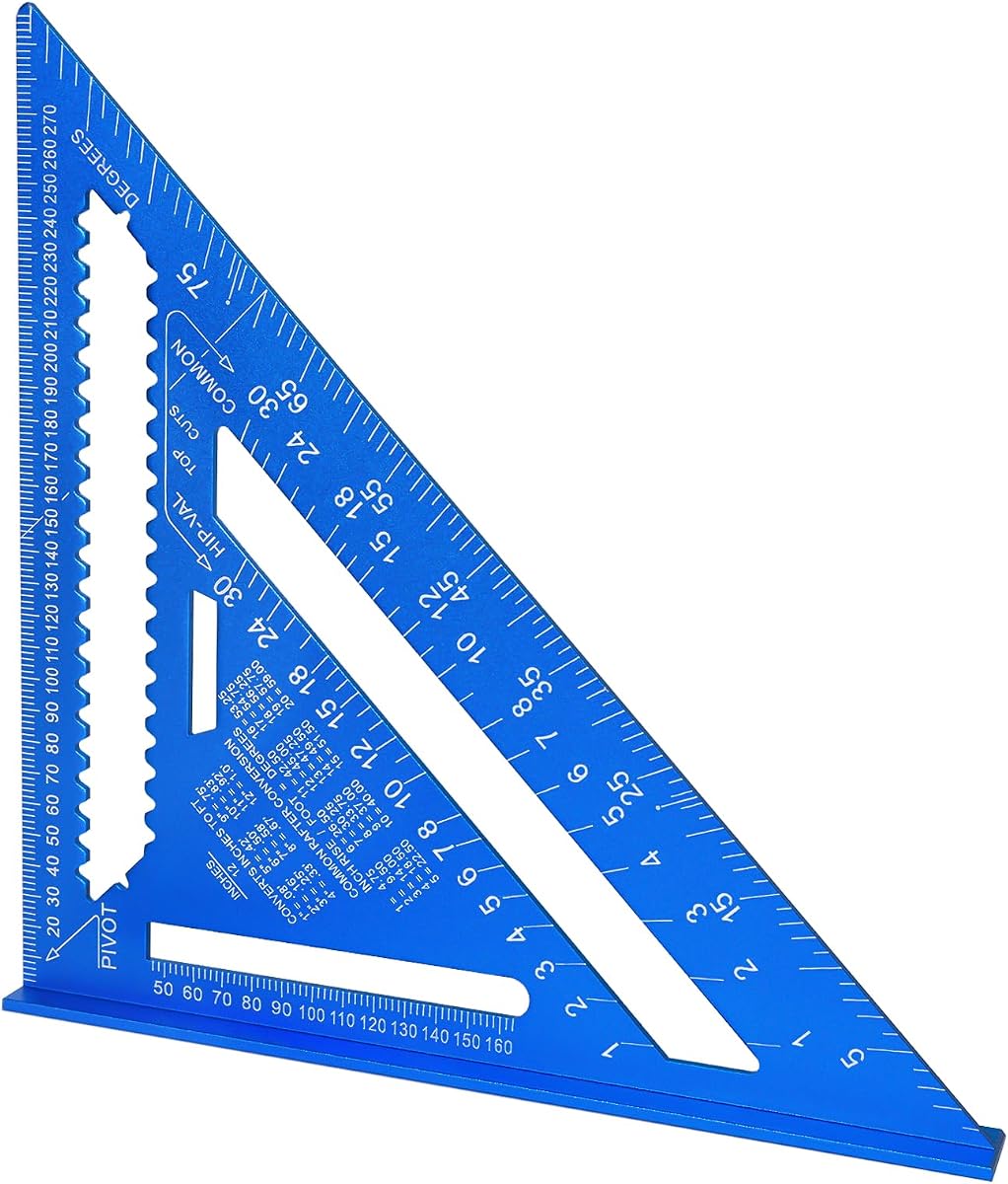 Carpenter Square, 12 Inch Aluminum Alloy Rafter Square, SAE & Metric Dual Scale Carpenter Measuring Layout Tool, 0-90° Protractor Cast Triangle Ruler Protractor for Woodworking Carpentry